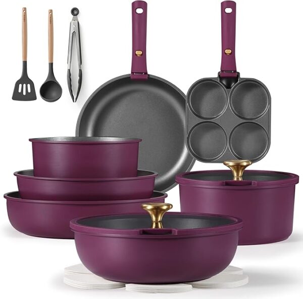 CAROTE 19pcs Pots and Pans Set, Nonstick Cookware Set Detachable Handle, Induction Kitchen Cookware Sets Non Stick